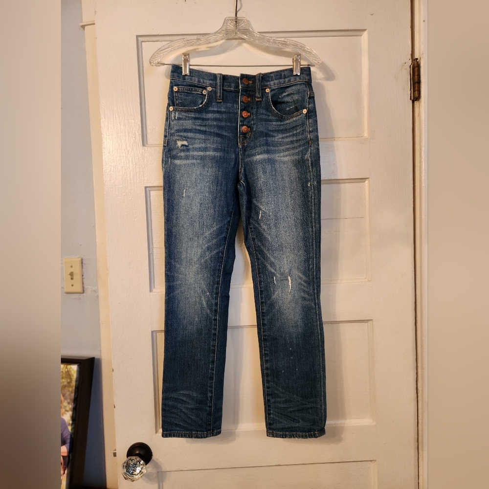 MADEWELL Jeans, High Rise Slim Boyjean Button Fly Sz 24 Straight Leg Whisker EUC